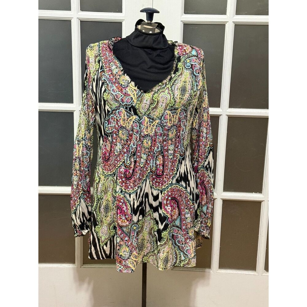 Sunny Leigh Plus Size 2X Mixed Print Paisley Zebra Stripe V-Neck Tunic Blouse